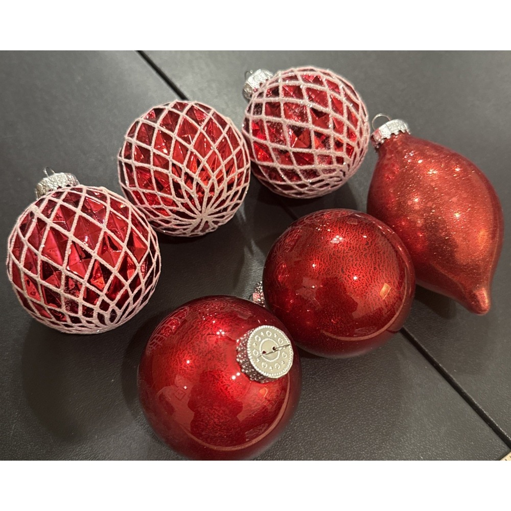Christmas Holiday Red White Glitter Glass Round Ball Ornaments Set Of 6 Variety